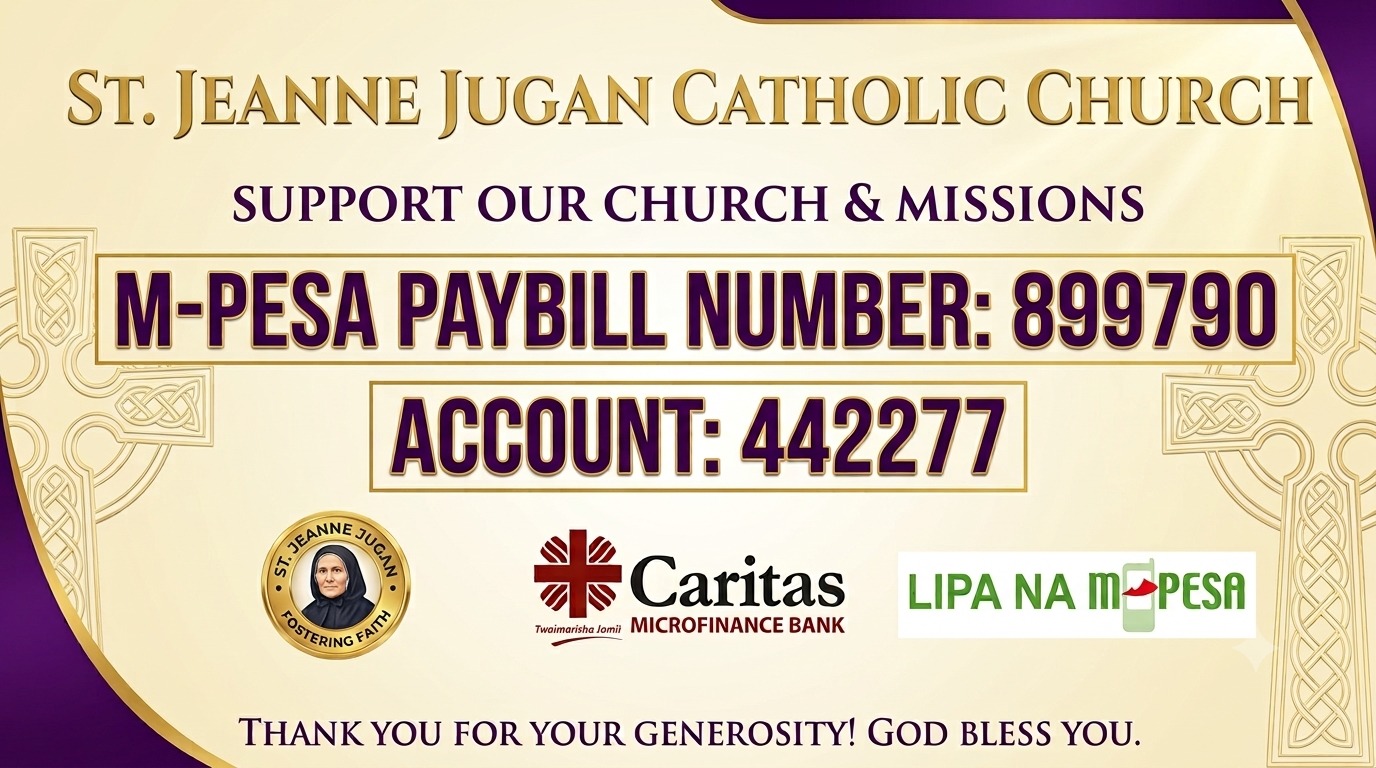 M-Pesa giving details for St. Jeanne Jugan Catholic Church: Paybill 899790, account 442277